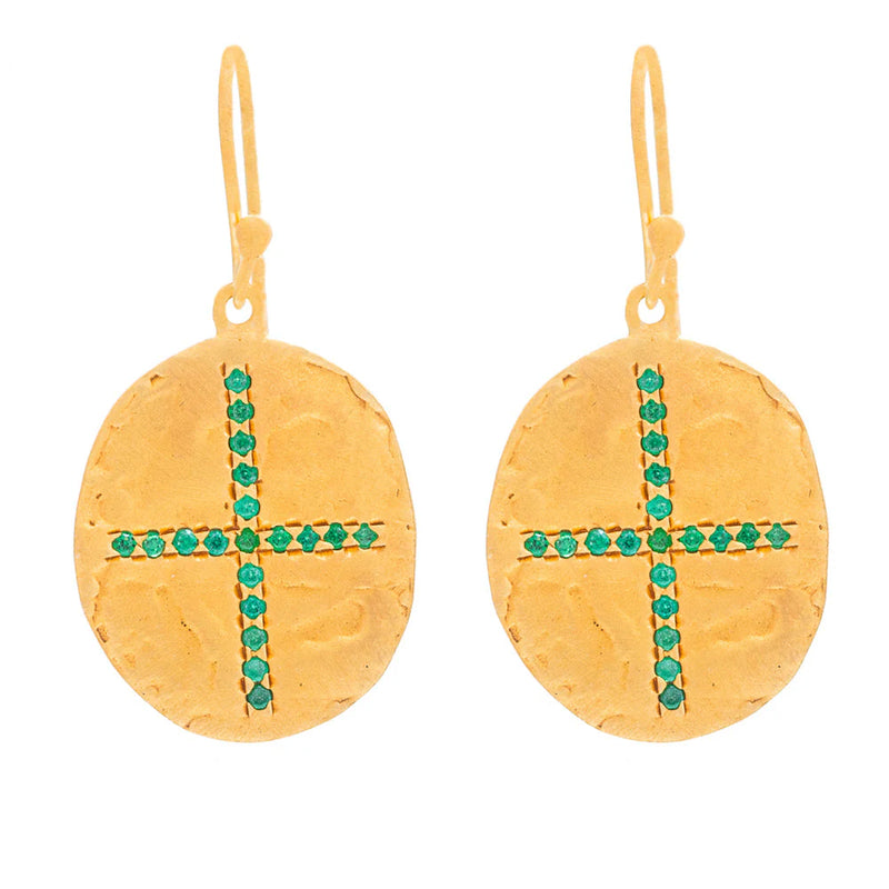 BEATEN OVAL GREEN CROSS EARRING